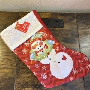 Snowman Christmas Stocking 16" Plush Mantel Decor Heart Wreath Winter Hat